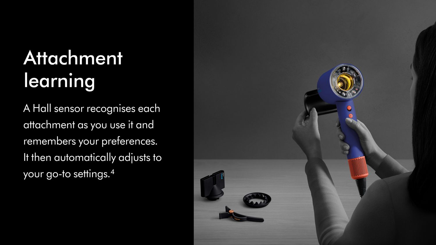 The Flyaway attachment is attached to the Dyson Supersonic Nural hair dryer and settings are automatically adjusted.