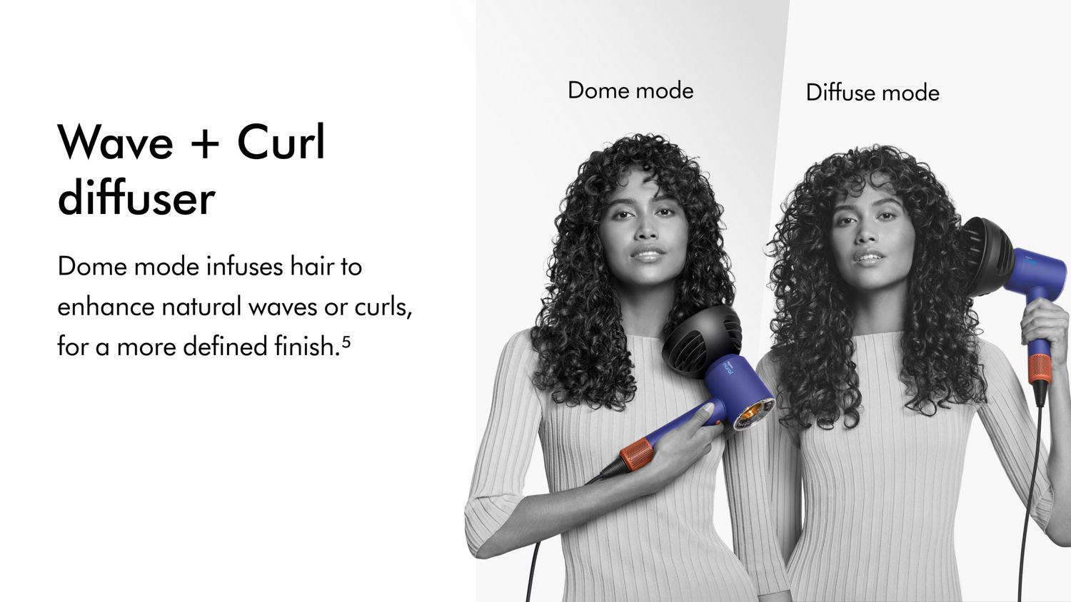 A model uses the Wave+Curl diffuser in Dome and Diffuse mode on the Dyson Supersonic Nural hair dryer.