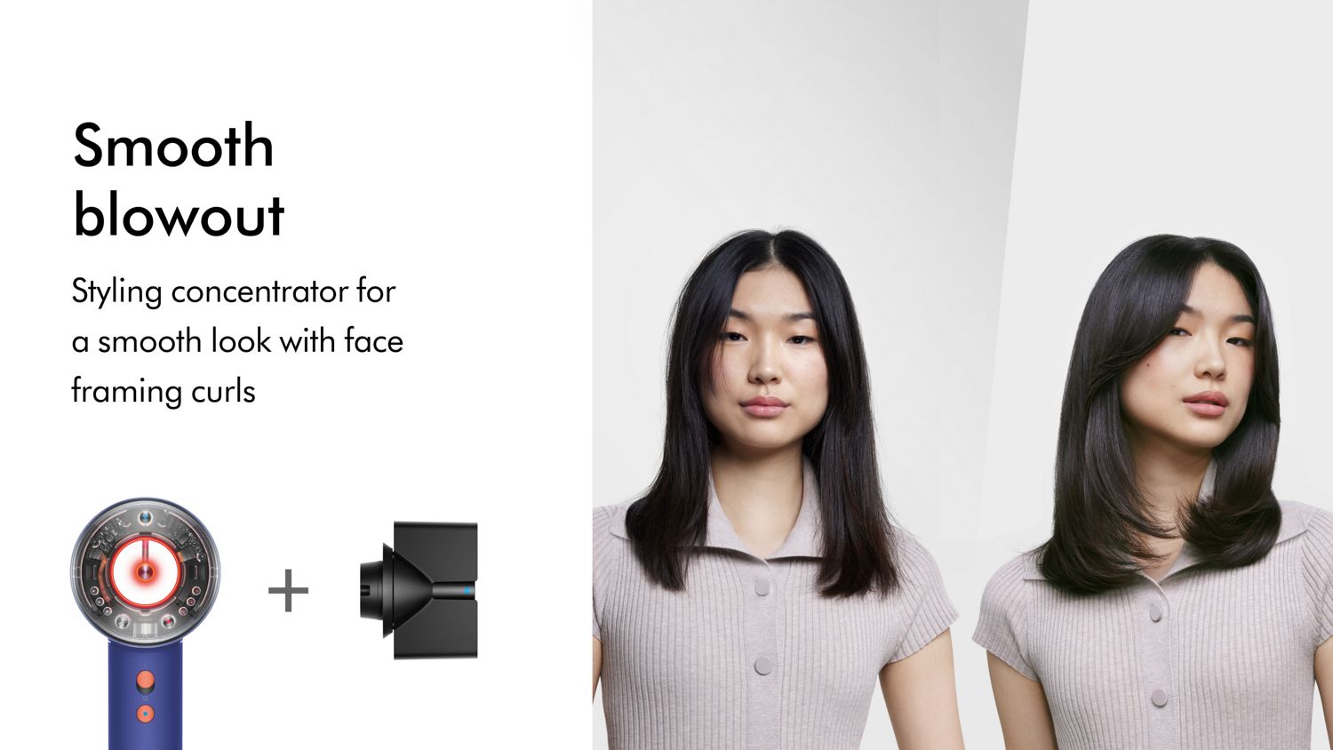 Before and after of a model with dark hair styled into a smooth blowout with the Dyson Supersonic Nural hair dryer.