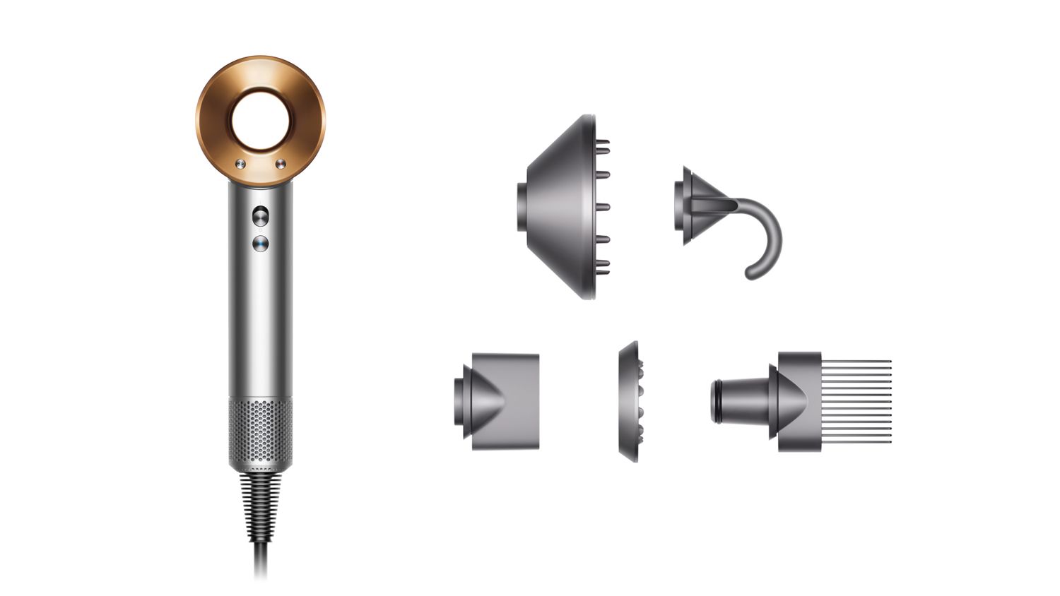 The Dyson Supersonic hair dryer with included attachments.