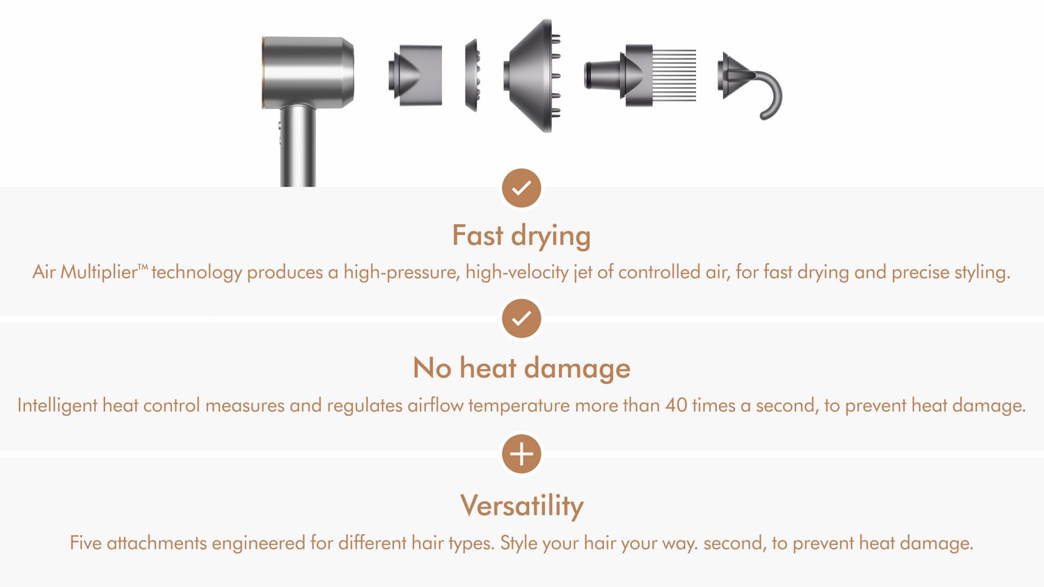 The Dyson Supersonic hair dryer next to a range of attachments.