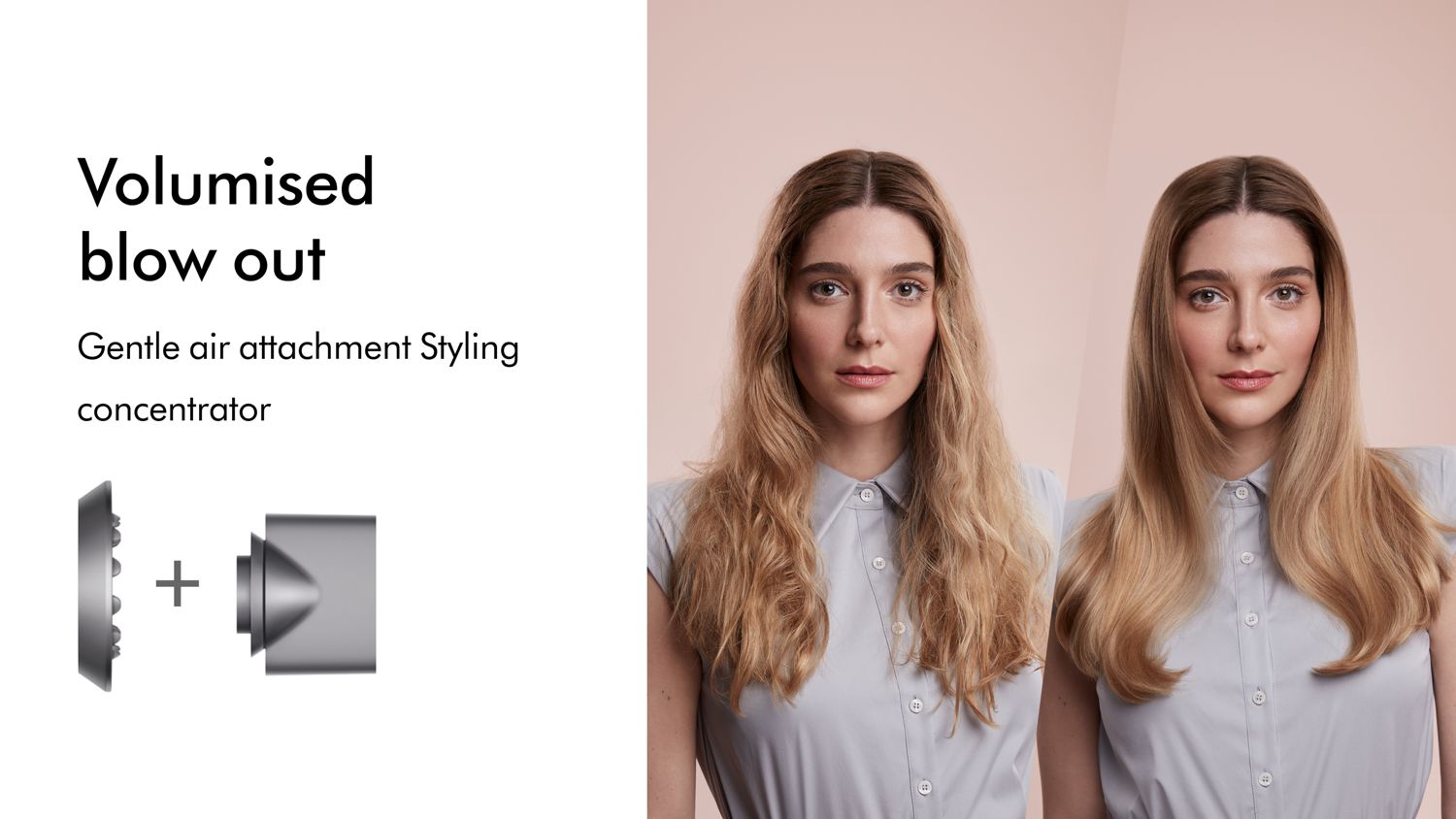 Before and after of a model with blonde hair styled into a volumised blowout with the Dyson Supersonic hair dryer.