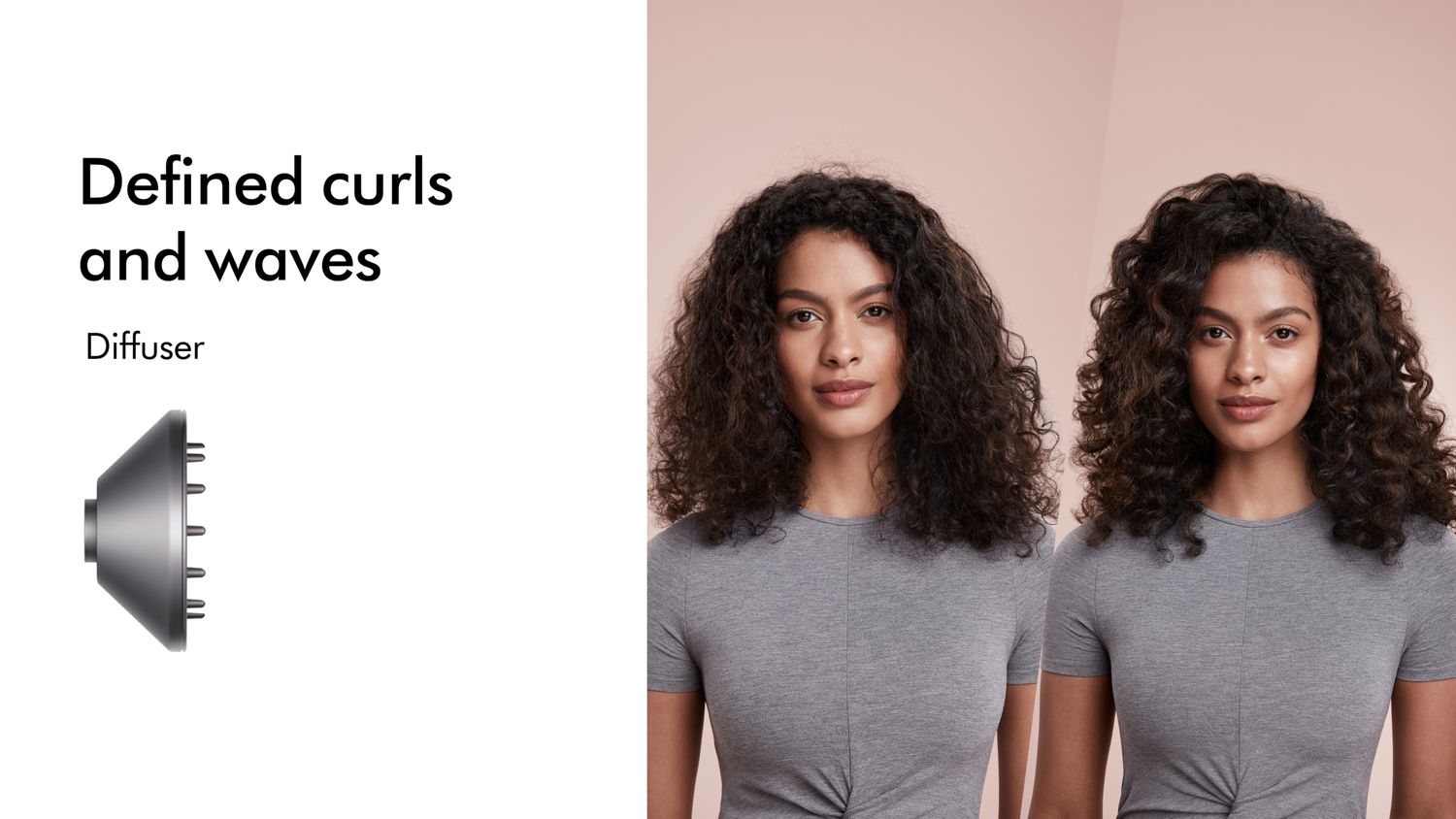 Before and after of a model with dark hair styled into Defiend Curls and Waves with the Dyson Supersonic hair dryer.