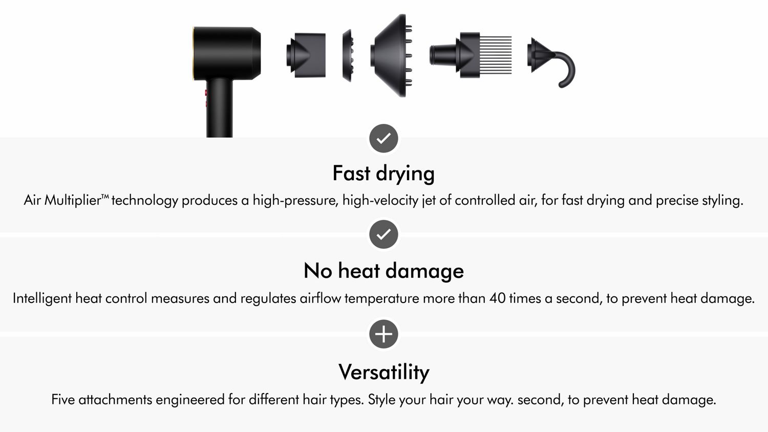 The Dyson Supersonic hair dryer next to a range of attachments.