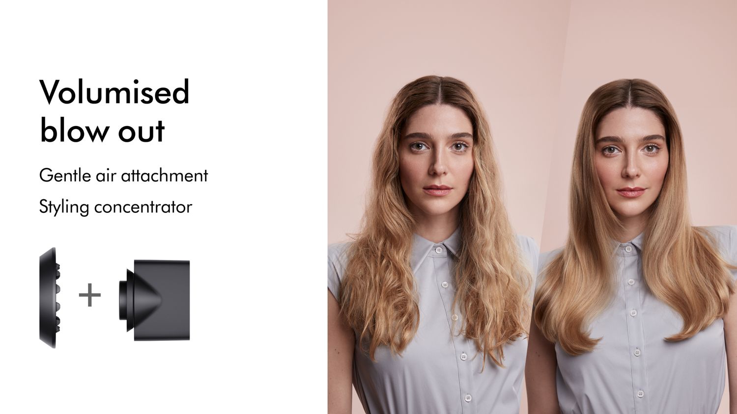 Before and after of a model with blonde hair styled into a volumised blowout with the Dyson Supersonic hair dryer.