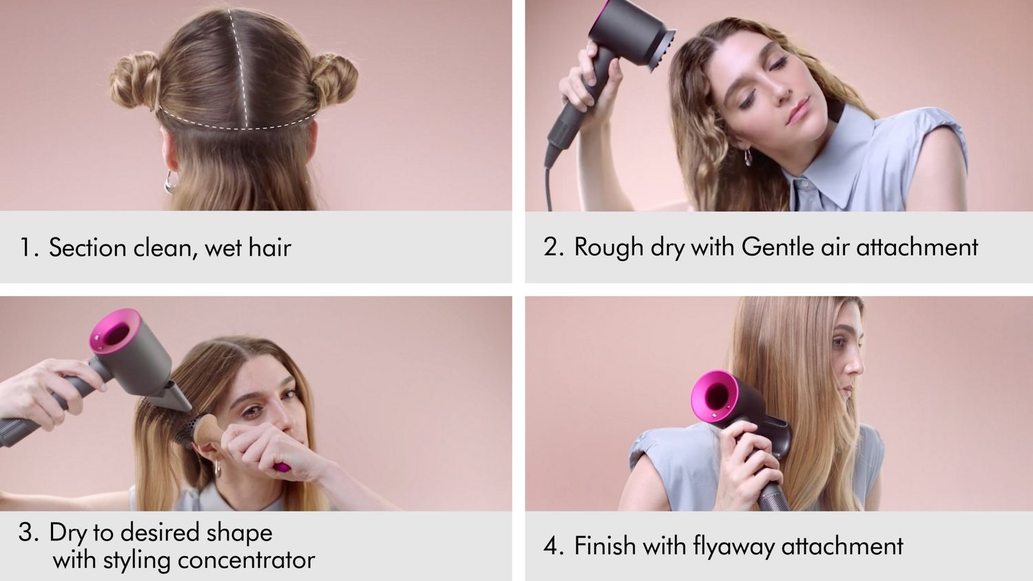A model sections, rough dries, styles and finishes her hair with the Dyson Supersonic hair dryer.