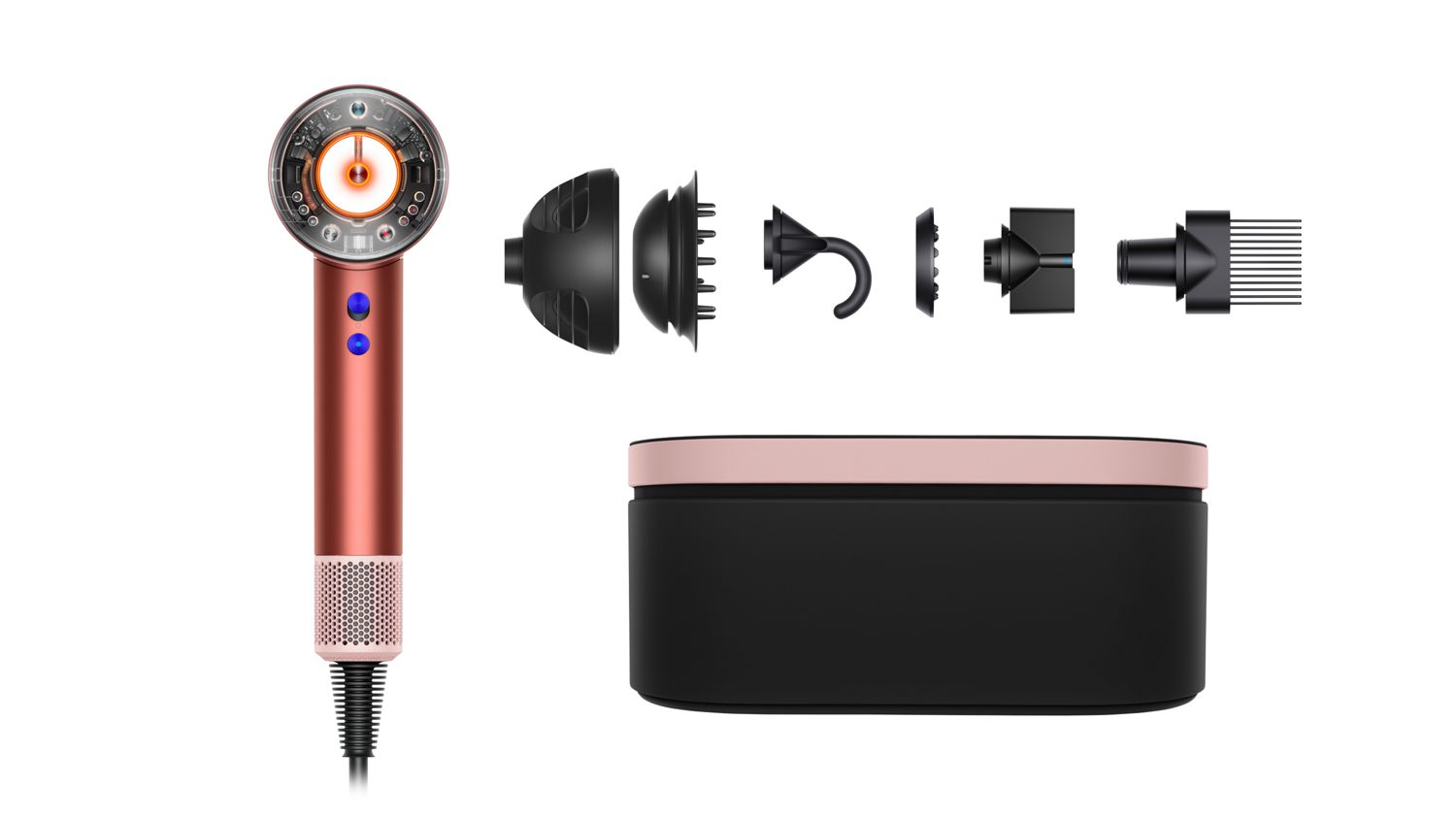 The Dyson Supersonic Nural hair dryer with included attachments.