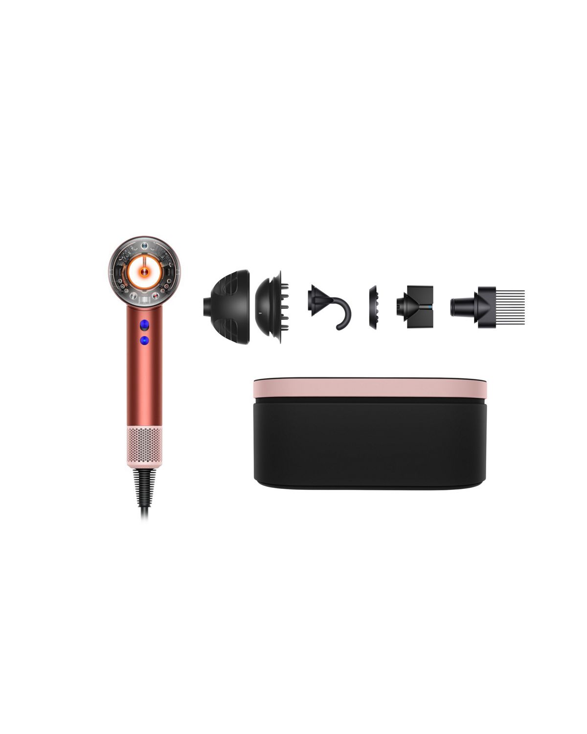 The Dyson Supersonic Nural hair dryer with included attachments.