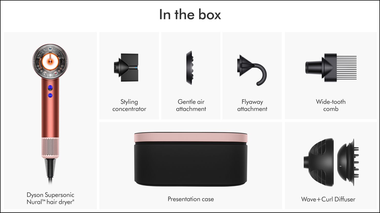 The attachments and accessories included with the Dyson Supersonic Nural hair dryer.