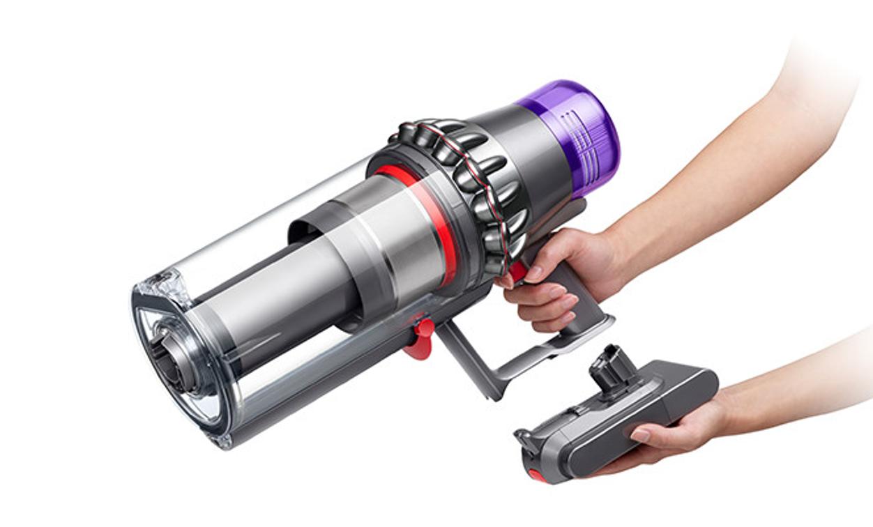 The swappable battery on a Dyson V11 Outsize cord-free vacuum.
