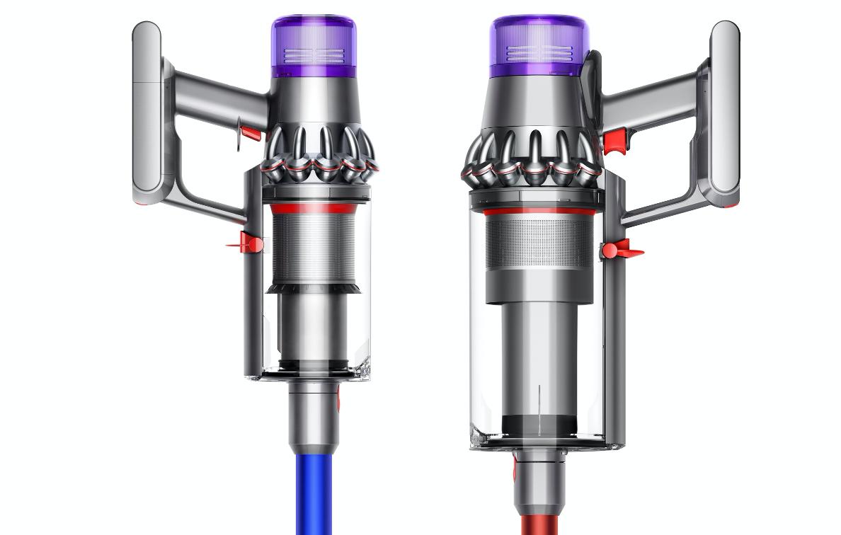 A Dyson V11 Outsize bin compared to a Dyson V11 Torque Drive bin.