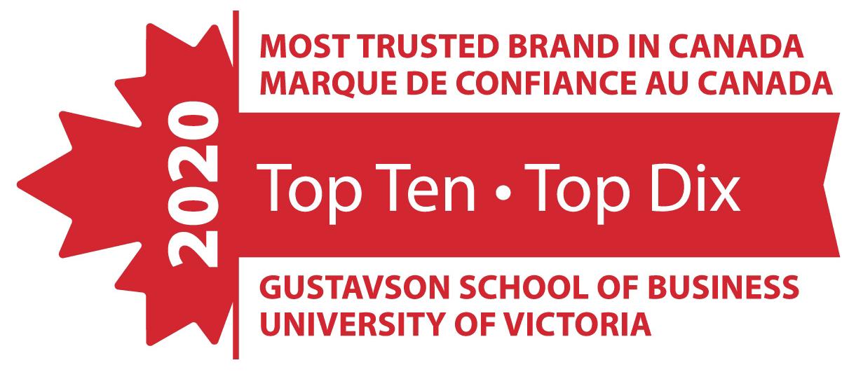 University of Victoria Gustavson School of Business Top 10 Most Trusted Brand in Canada 2020 logo