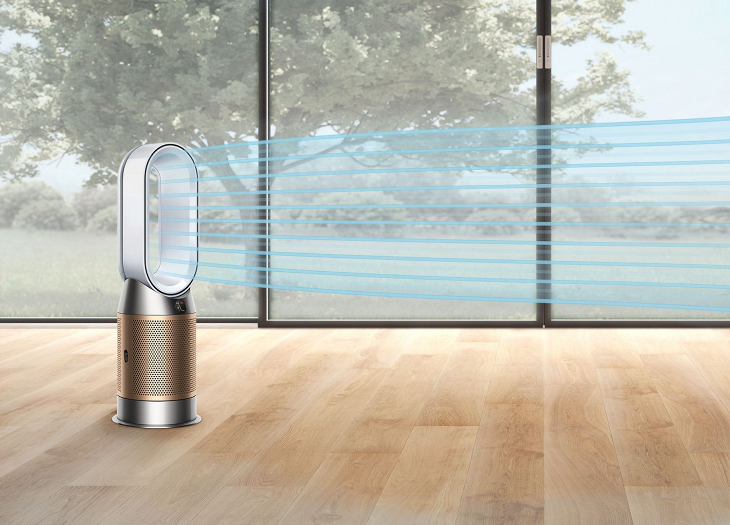 Ein Dyson Luftreiniger schliesst Allergene ein und verteilt gereinigte Luft in einem Wohnzimmer.