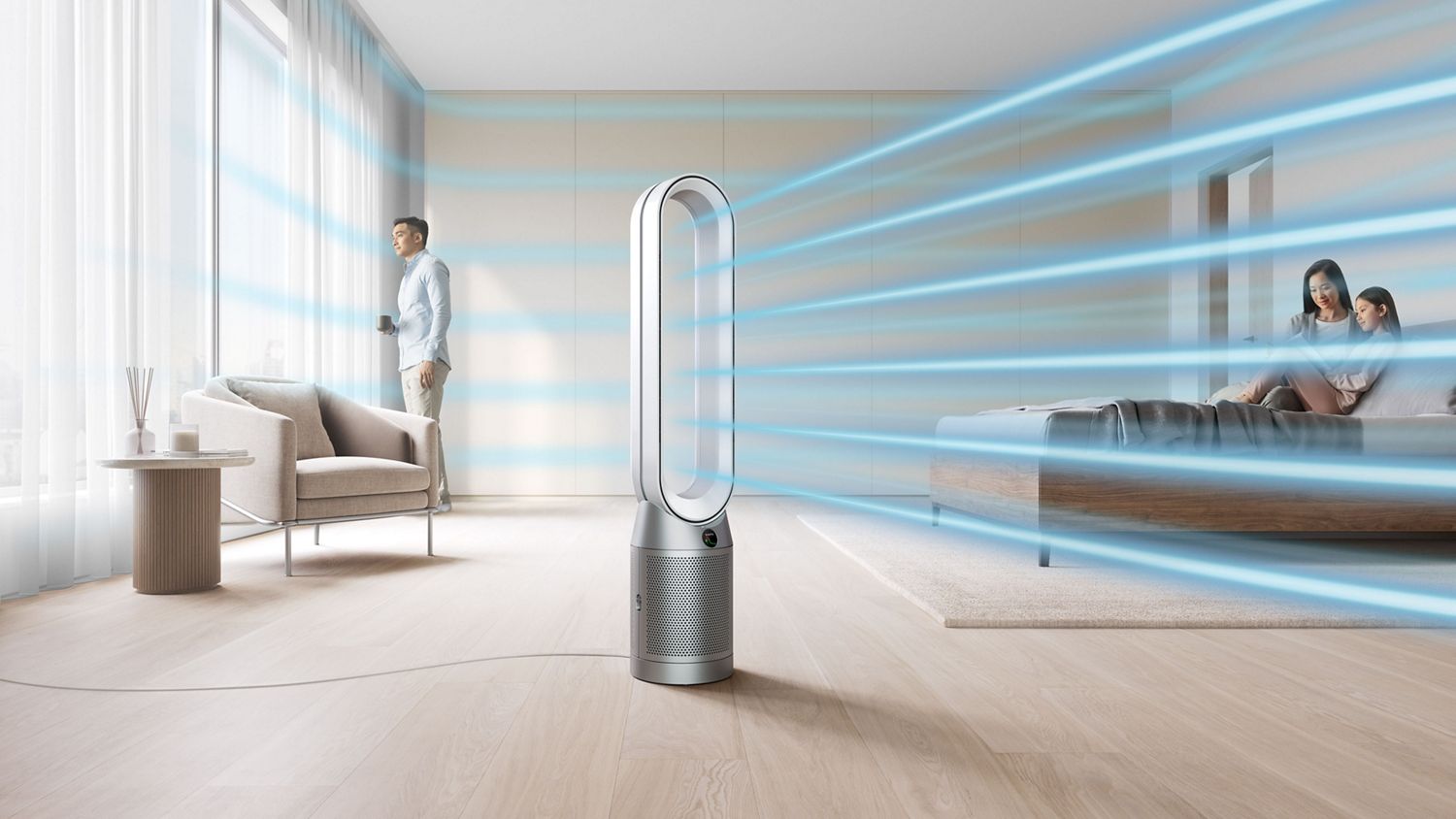 Dyson air purifier purifying air in middle of family living room