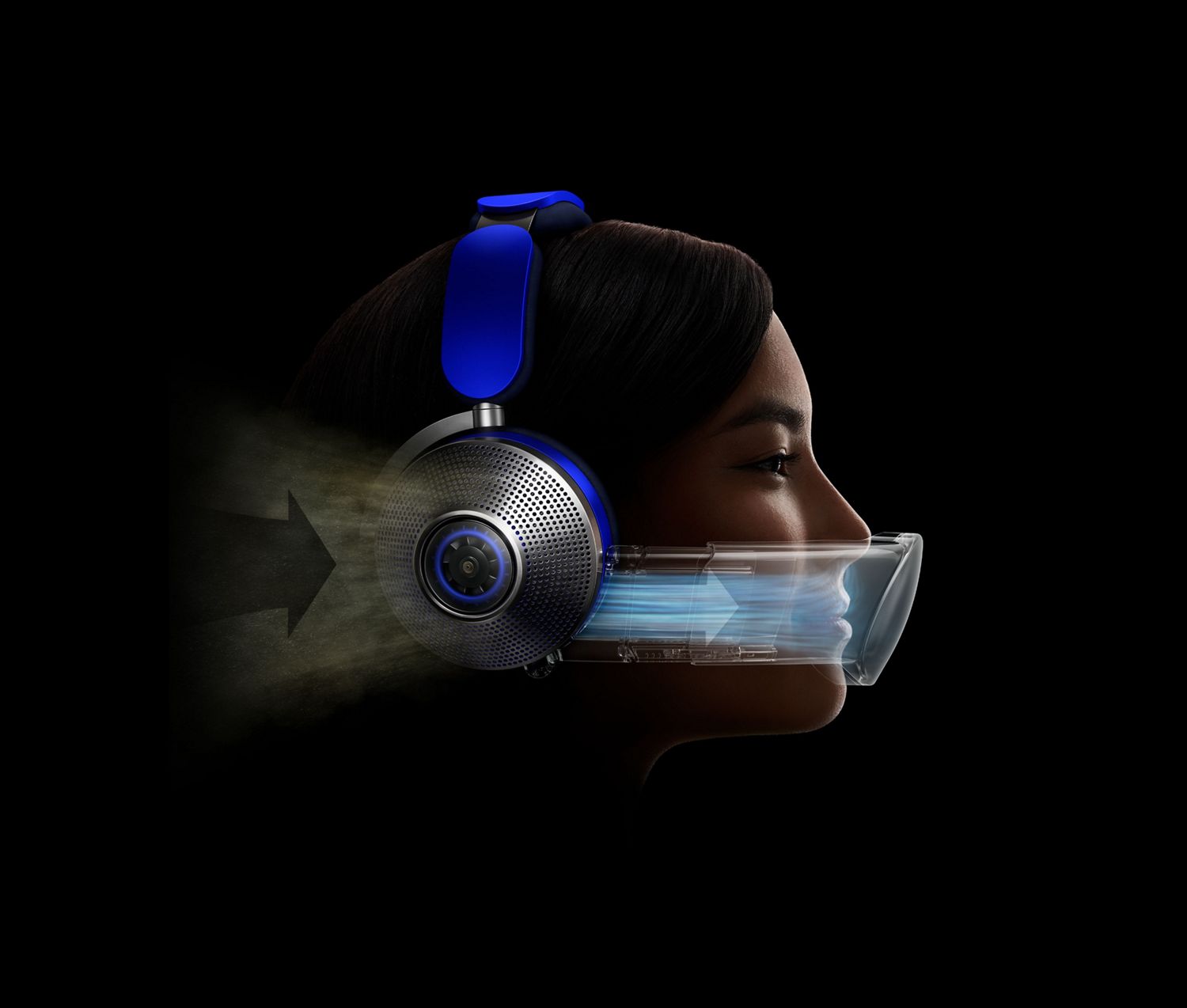 Dyson Zone headphones with air purification worn by woman to filter out fine particles