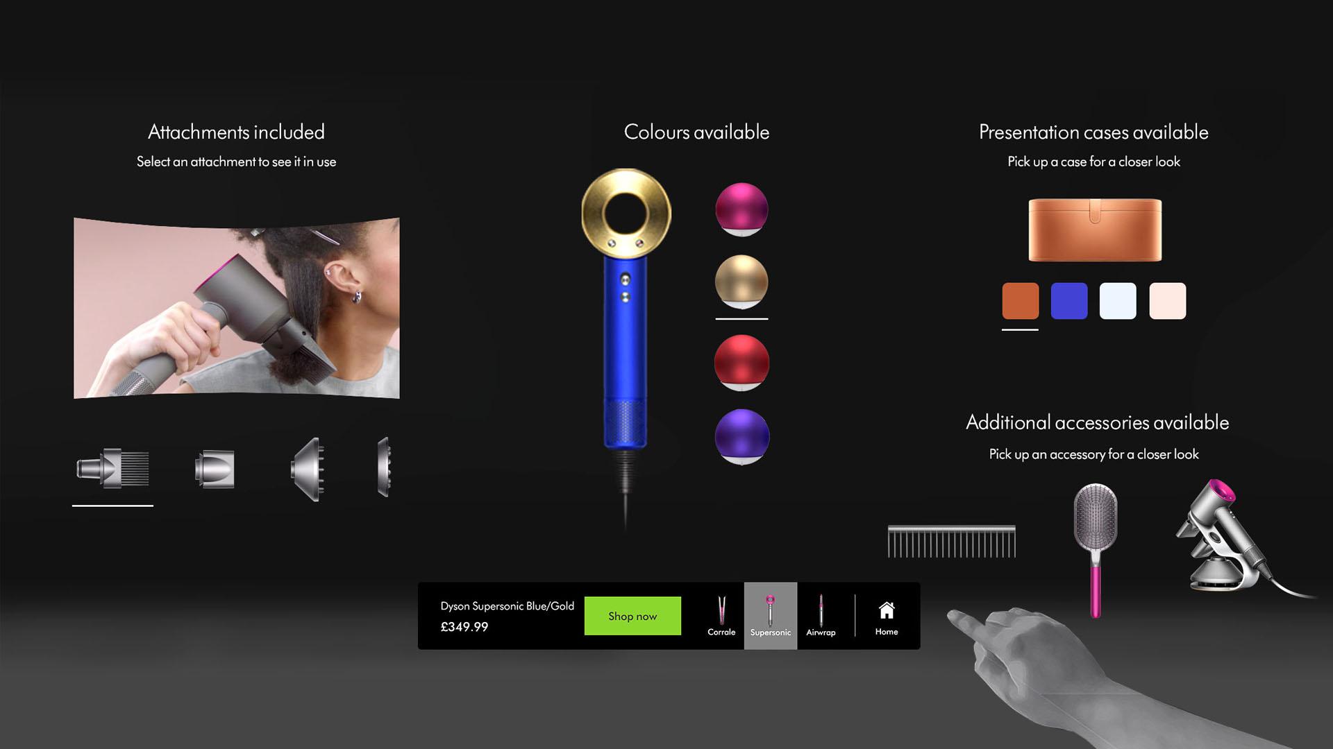 Colour options and how-to videos for the Dyson Supersonic hair dryer.