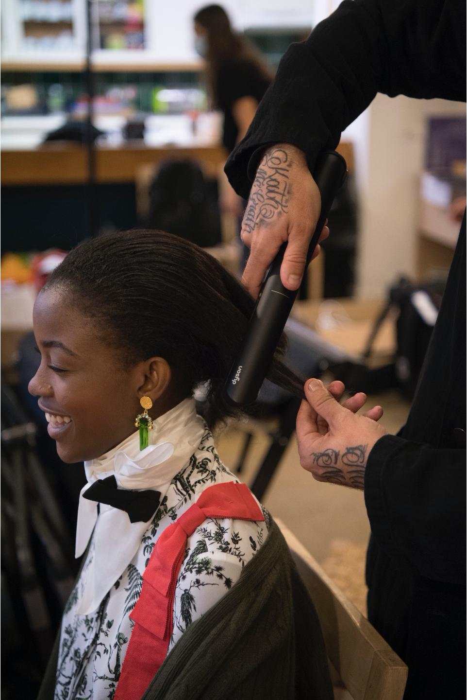 The Dyson Corrale straightener being used at London Fashion Week.