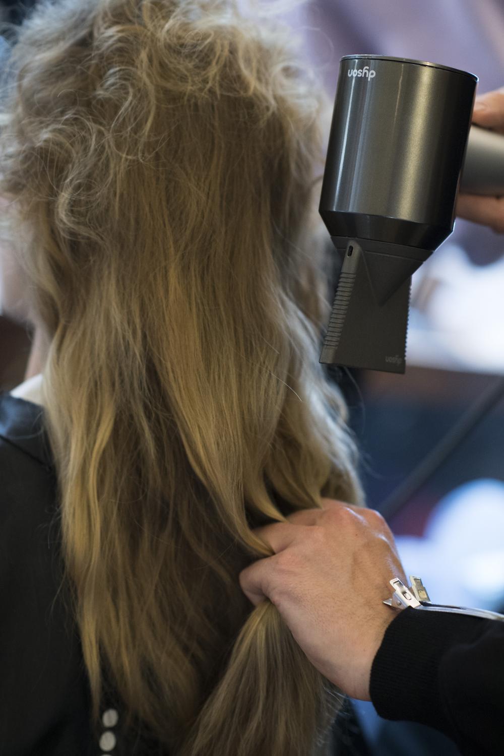 The Dyson Corrale straightener being used at London Fashion Week.