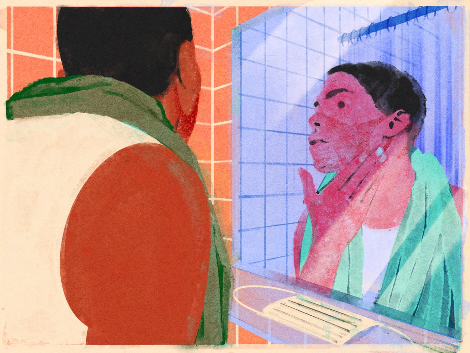 A man washes his face after using a facemask.