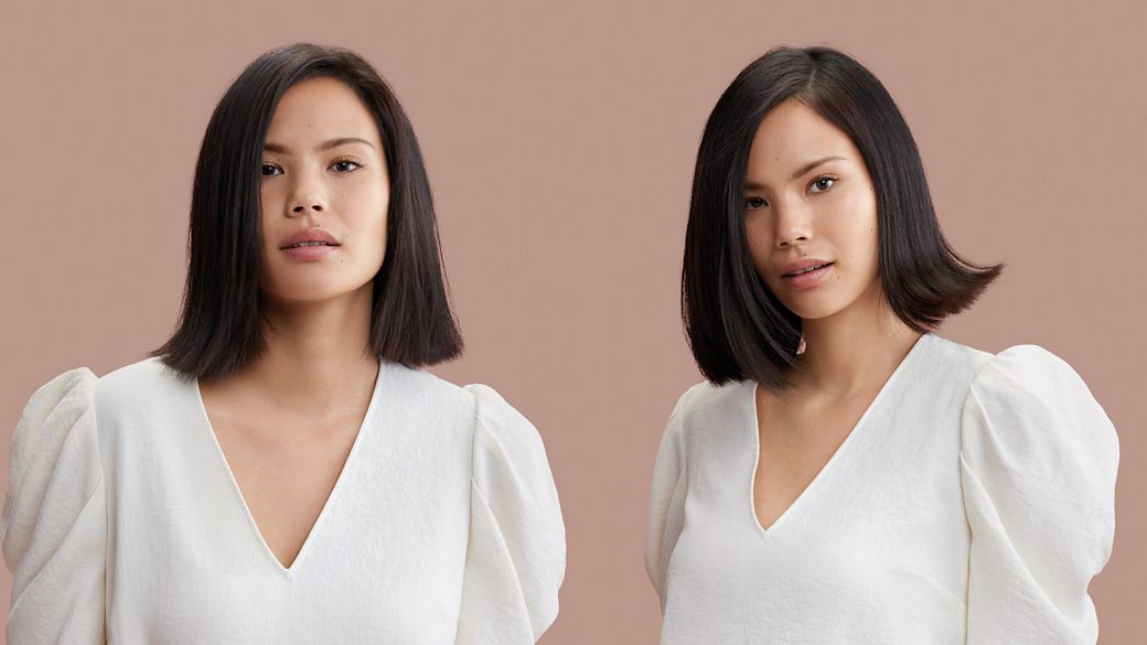Model with long hair on the left before styling and she appears again on the right with styled hair.