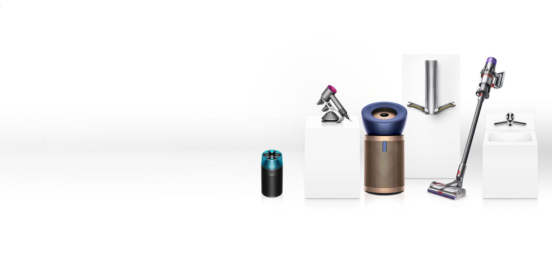 Dyson Supersonic hair dryer, Dyson Airblade 9kJ hand dryer, Dyson Pure Hot+Cool purifier fan, Dyson Wash+Dry wall in commercial setting