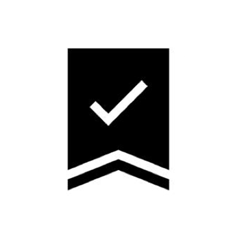 Black and white icon of guarantee with tick.