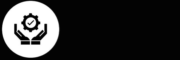 Black and white icon of hands holding a circle with a tick in the middle.