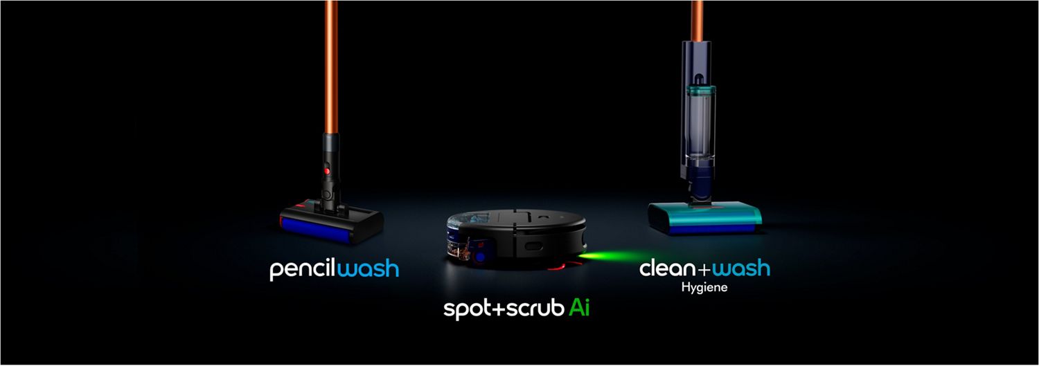 3 new Dyson vacuums lined up with text titling each machine: Pencilvac, spot+scrub Ai, and clean+wash Hygiene