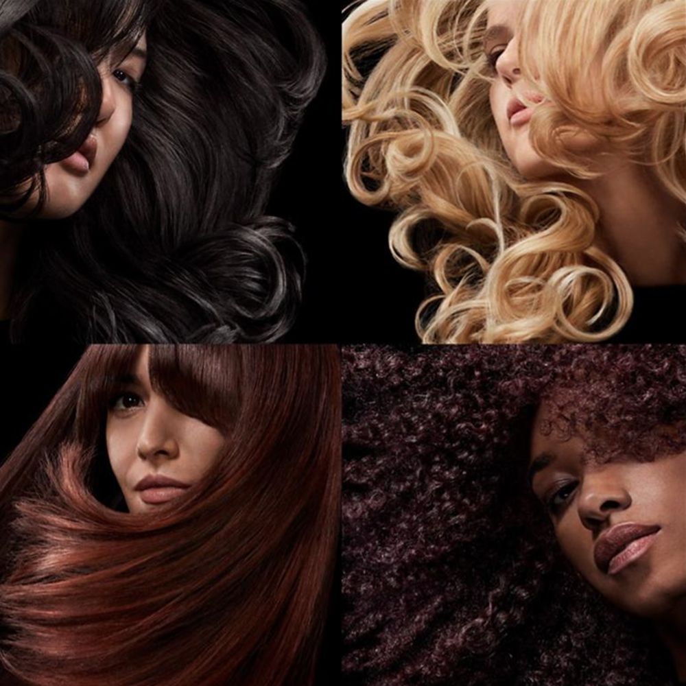 Grid of models with different hair types styled with Dyson products and devices.