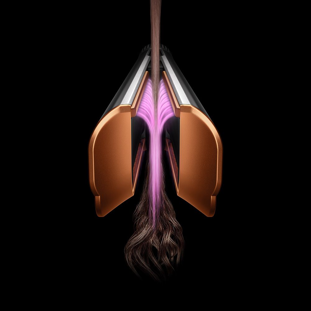 Der Dyson Airstrait Haarglätter mit verriegelten Armen Pinke Overlays zeigen die Richtung des Luftstroms an.