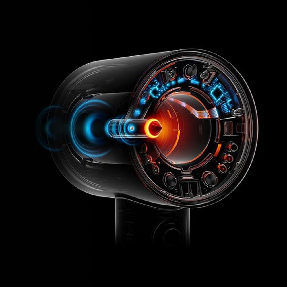 Cutaway of Dyson Nural hair dryer showing technology inside.