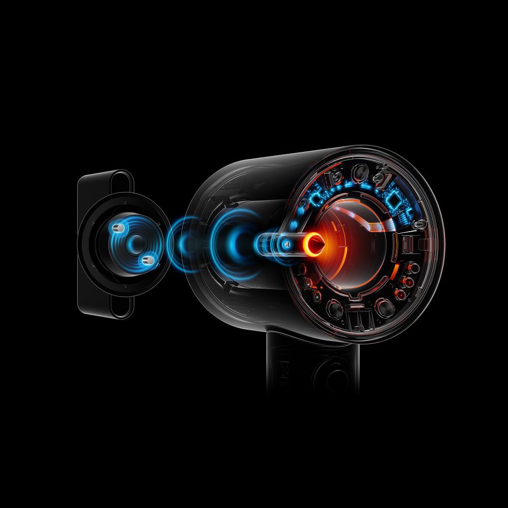 Cutaway of Dyson Nural hair dryer showing technology inside.