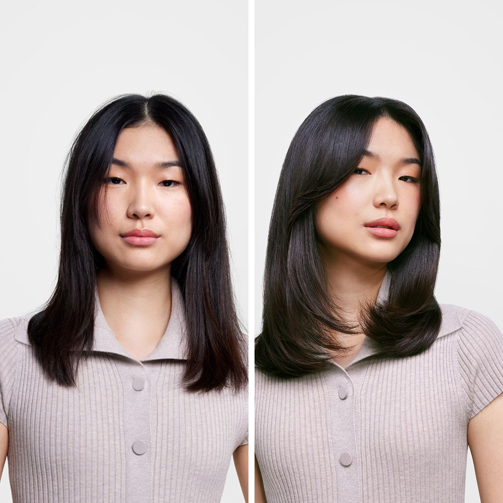 A model shows off her hair before and after using the Dyson Supersonic Nural hair dryer.