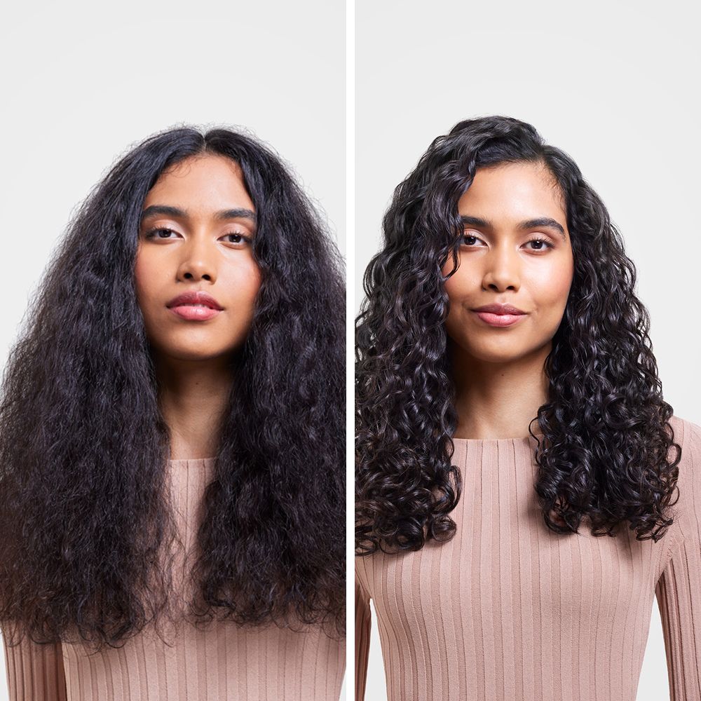 A model shows off her hair before and after using the Dyson Supersonic Nural hair dryer.