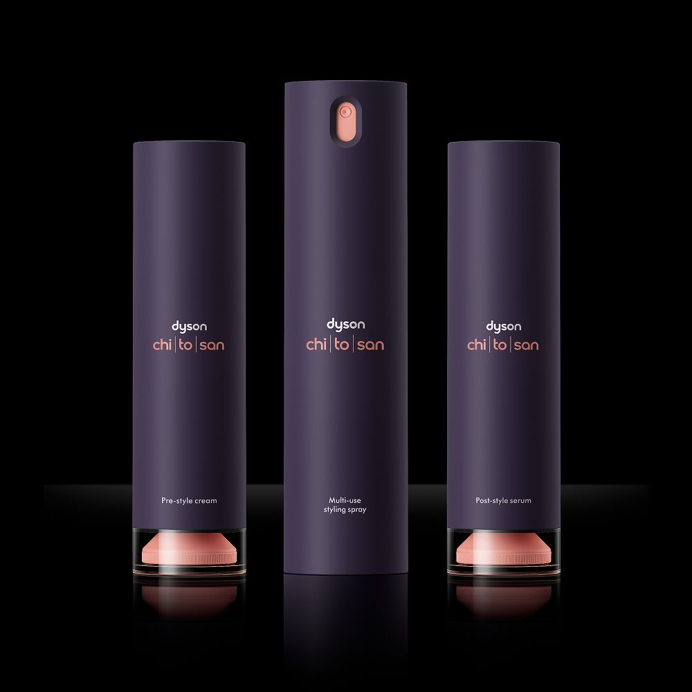 The Dyson Chitosan styling range of Pre-style cream, Post-style serum and Multi-use styling spray.