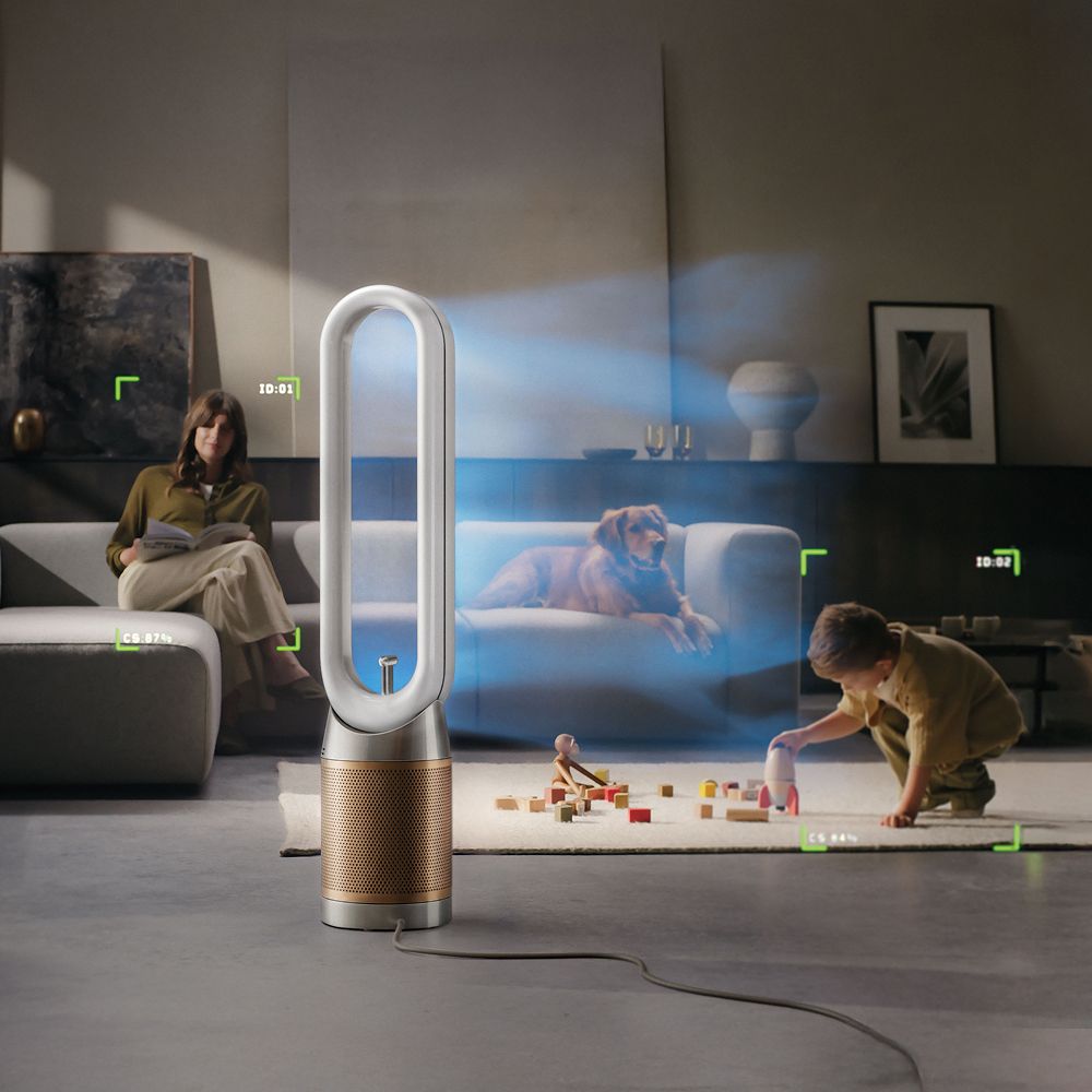 The Dyson Find+Follow Purifier Cool fan detects a child playing with toys.