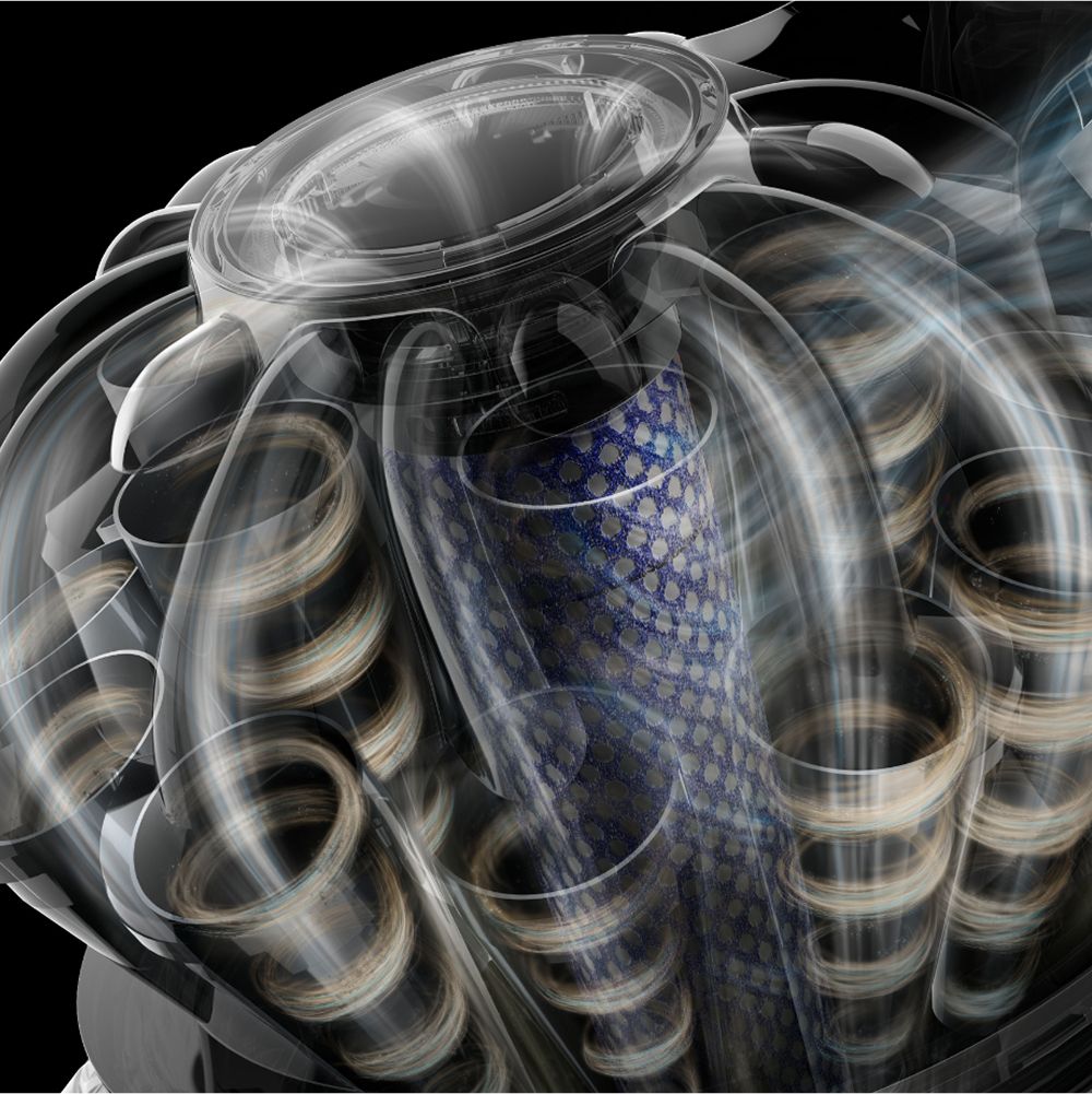 Cutaway showing the airflow through the Dyson V8 Cyclone vacuum’s cyclones.