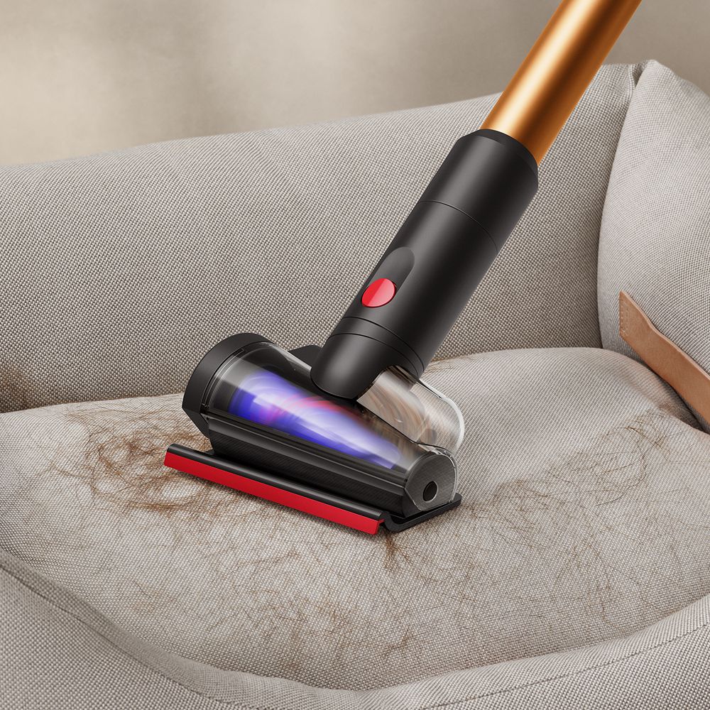 The Hair screw tool 2.0 is used to remove pet fur from a sofa.