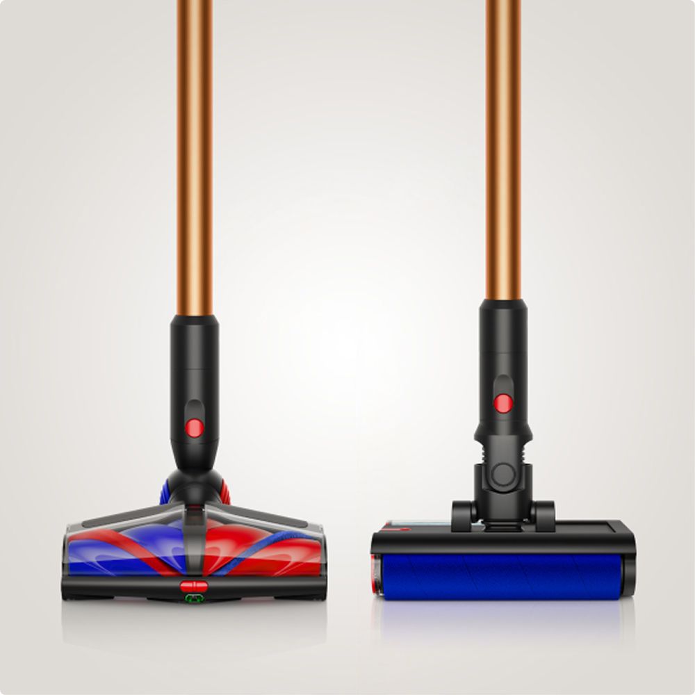 A Dyson cordless vacuum cleaner and wet and dry vacuum, side by side against a grey background.