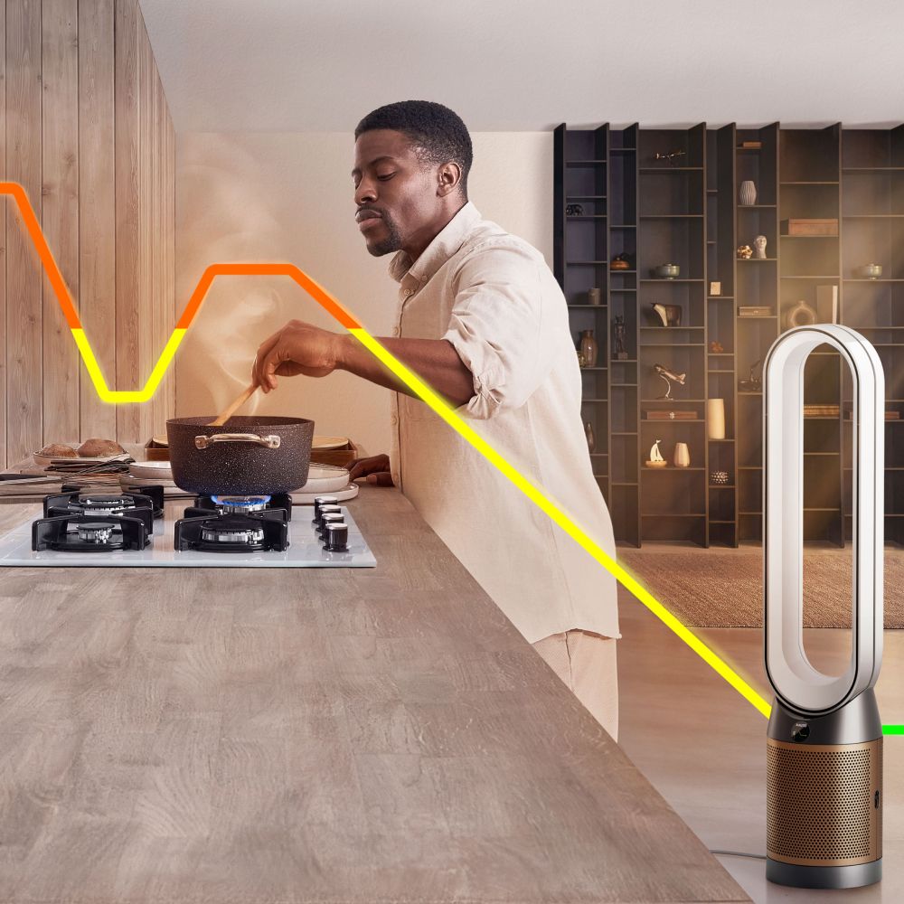  A Dyson purifier removes pollutants from the air, represented by a graphic line.