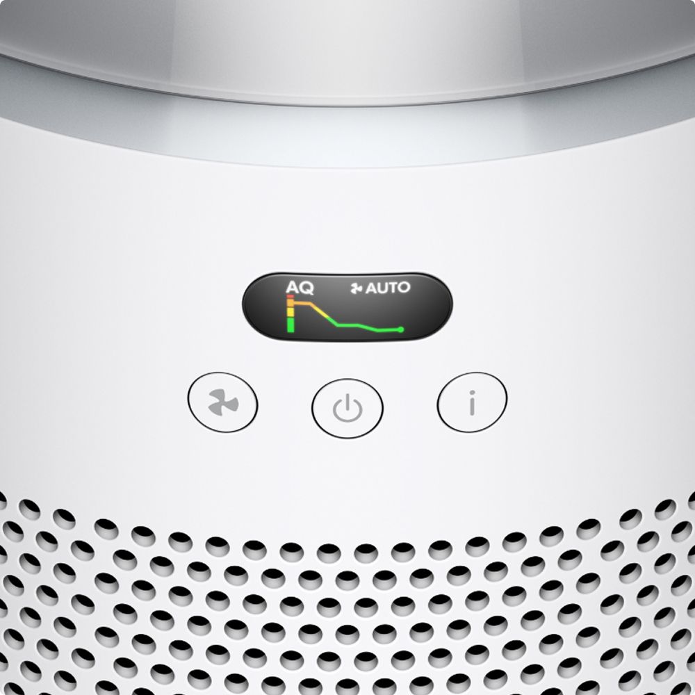 Dyson Hushjet shizuka空気清浄機の操作ボタンとLCDディスプレイ。