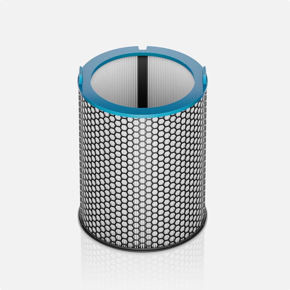 A model removes the filter cover from a Dyson purifier.