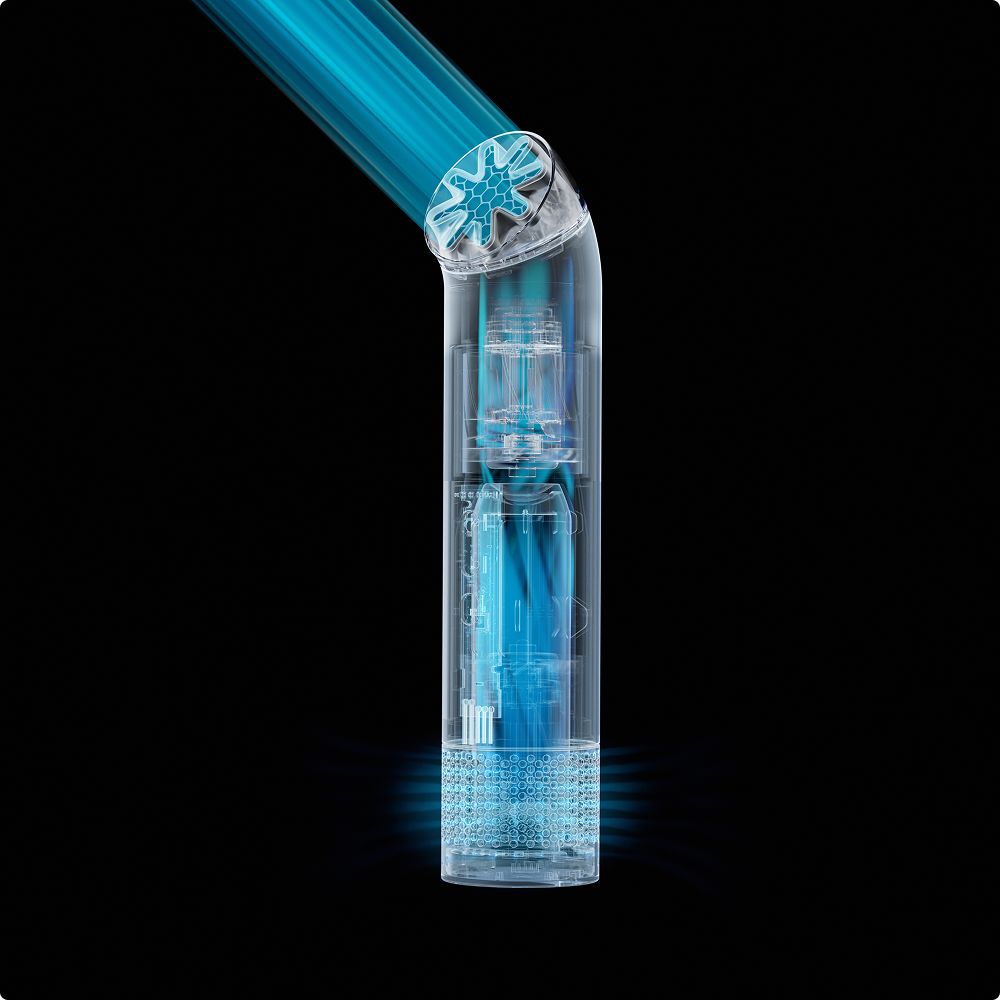 Cutaway showing the battery and motor inside the Dyson HushJet Mini Cool portable fan.