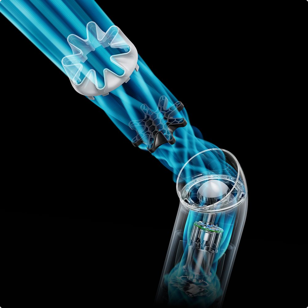 Exploded graphic showing the HushJet mechanism and honeycomb mesh in the Dyson HushJet Mini Cool portable fan.