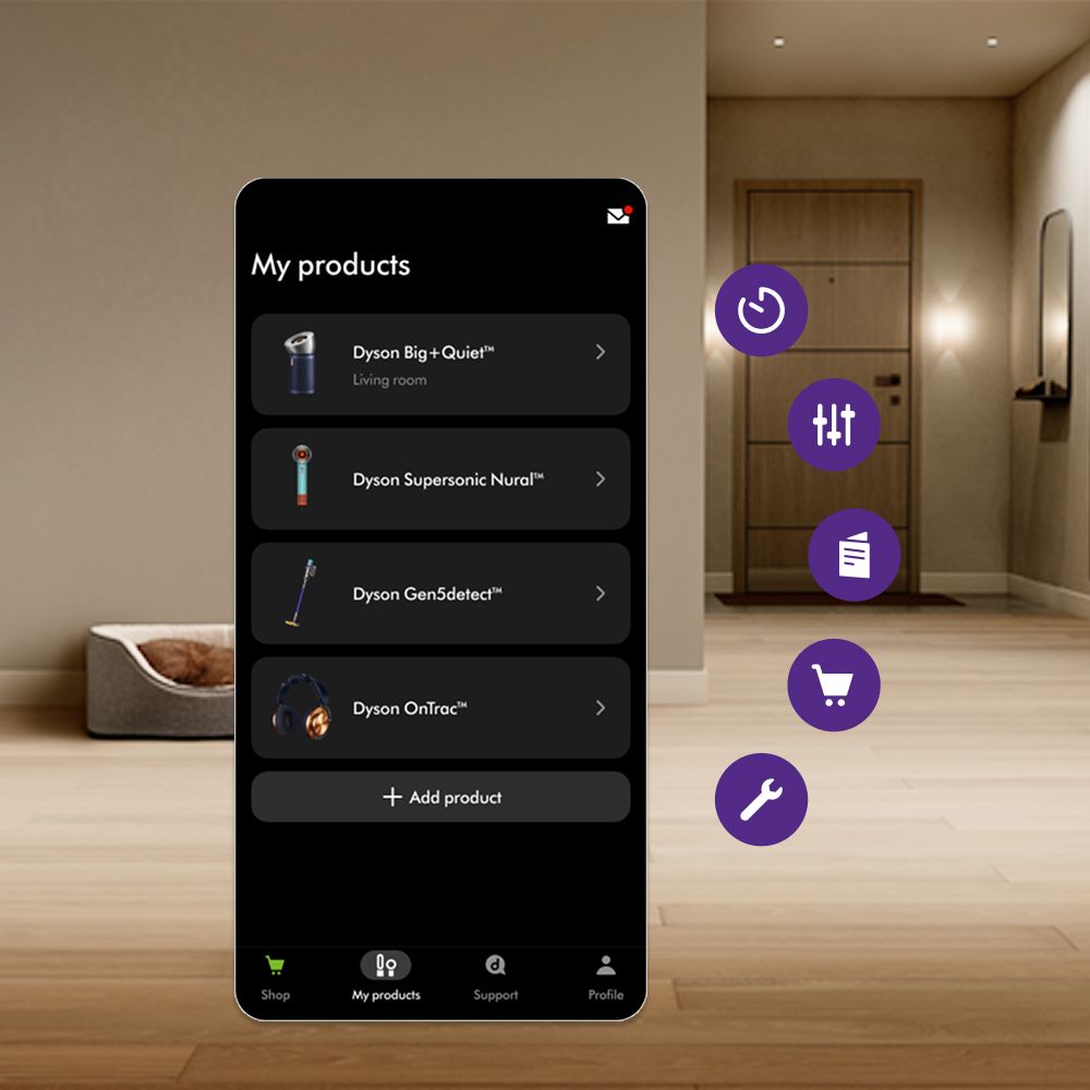 A collection of connected Dyson machines controlled using the MyDyson app on a phone.