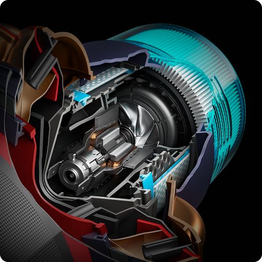 Close-up cutaway of the powerful motor within Dyson vacuums.