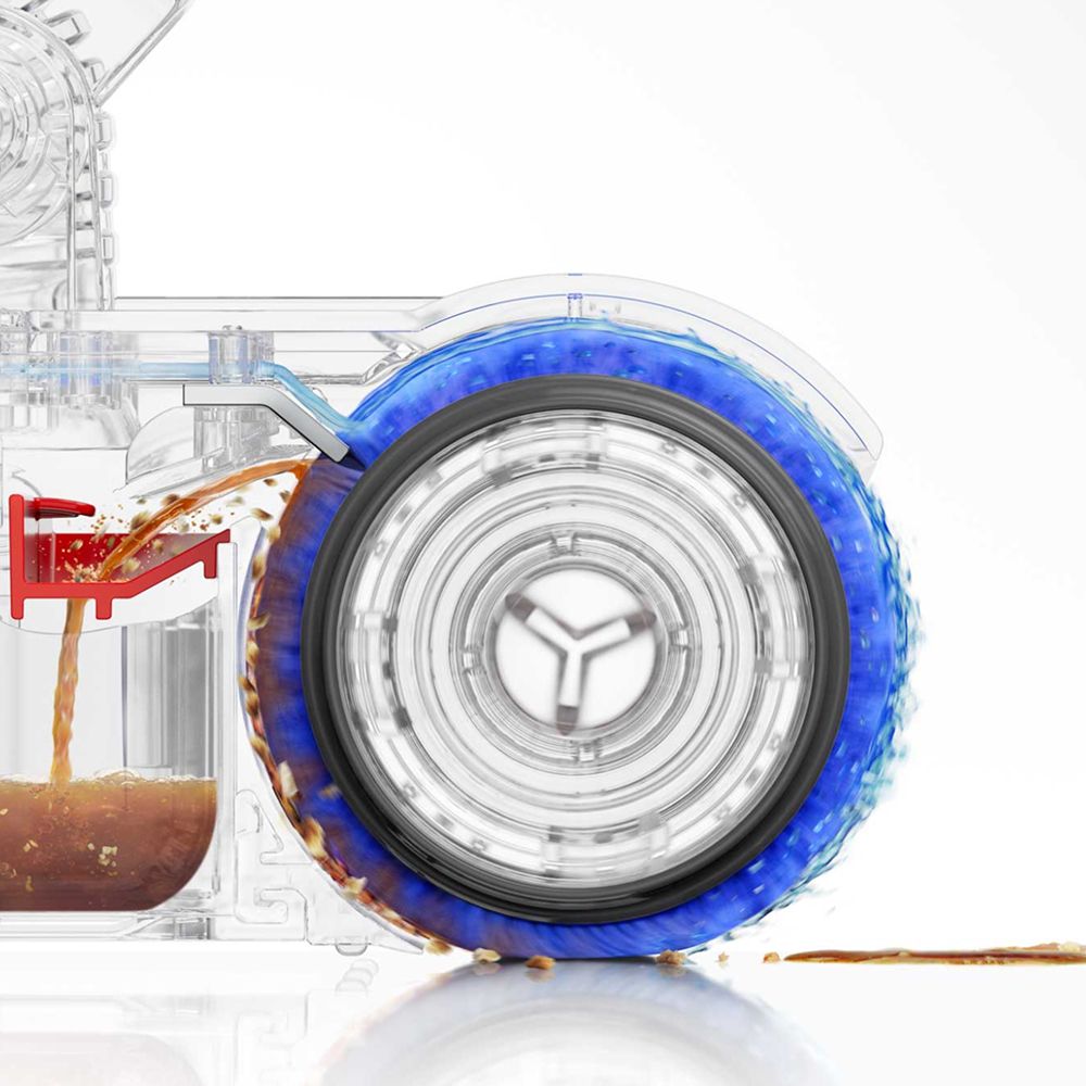 Close-up of the Dyson PencilWash wet roller washing with clean water with each rotation.