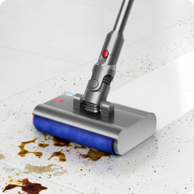The Submarine wet roller head cleans both a spill from a hard floor.