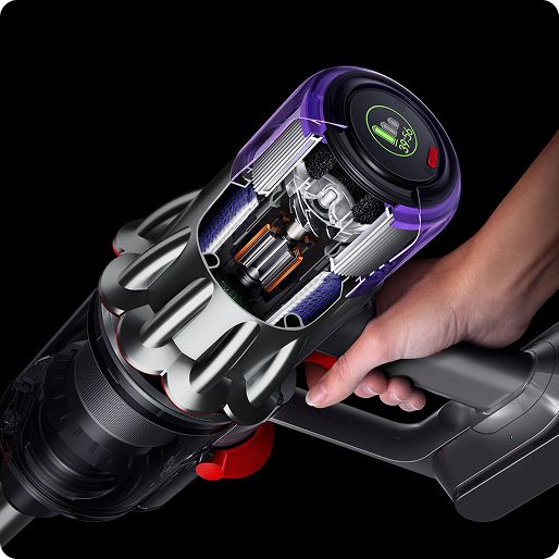 Cutaway of the Dyson V9 vacuum showing the technology within.