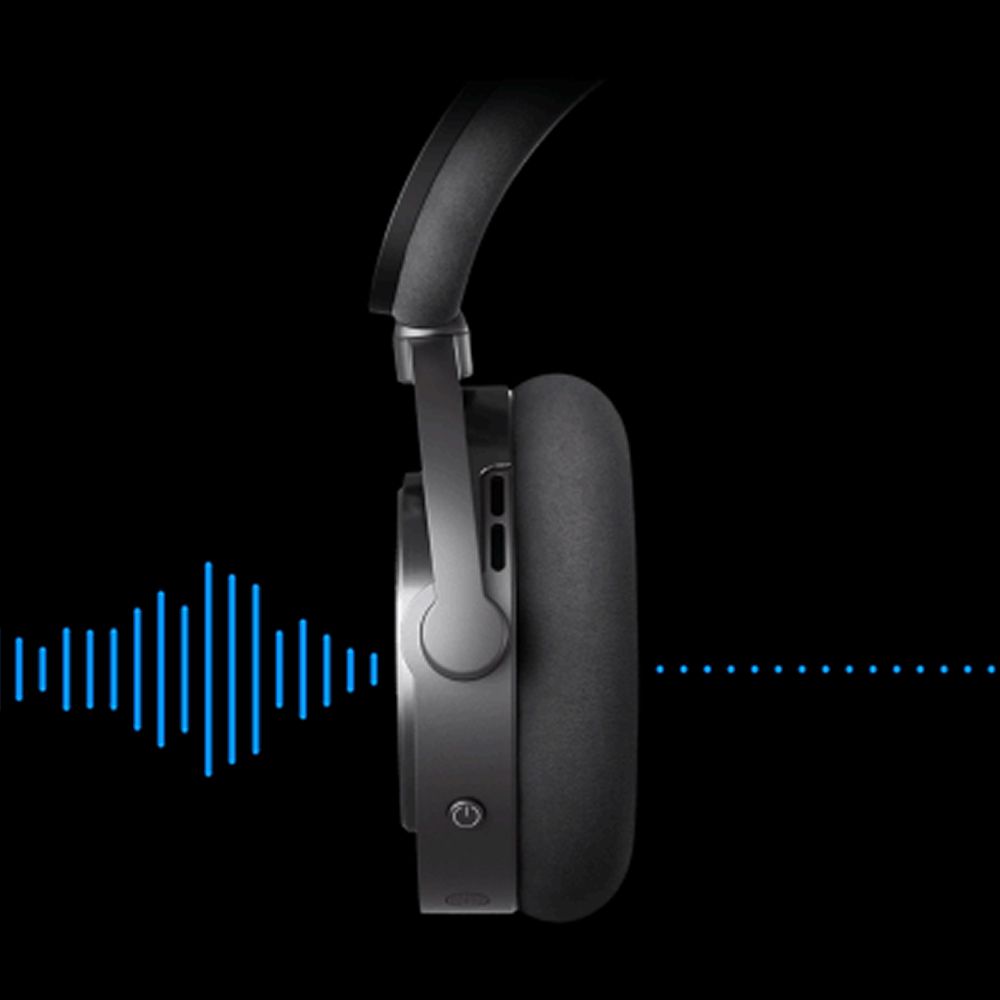 A computer generated graphic showing external sound levels being reduced as they go through the headphones.
